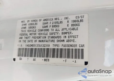 2007 Honda Accord 2.4 Vp from USA, damaged, VIN 1HGCM55137A132319